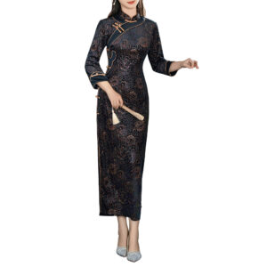Women’s 3/4 Sleeve Floral Embossed Velvet Qipao Dress