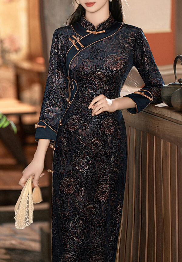 Women’s 3/4 Sleeve Floral Embossed Velvet Qipao Dress - Image 2