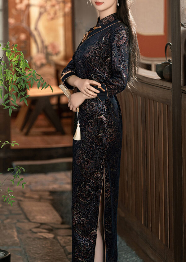 Women’s 3/4 Sleeve Floral Embossed Velvet Qipao Dress - Image 5