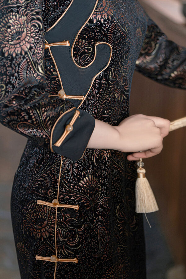 Women’s 3/4 Sleeve Floral Embossed Velvet Qipao Dress - Image 7