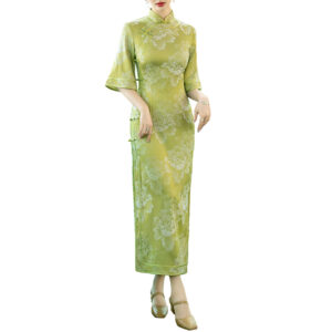 Women’s Floral Jacquard Qipao Dress – Elegant Chinese Cheongsam with Bell Sleeves