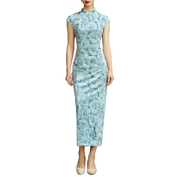 Women’s Dreamy Celestial Velvet Peony Print Moon Sleeves Qipao