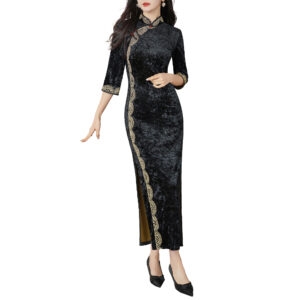 Elegant Stretch Velvet Cheongsam Dress
