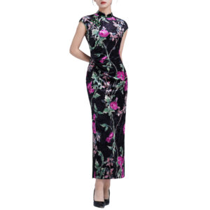 Women’s Crinkle Velvet Cheongsam with Lace Trim - Black Vintage Qipao, Decorative Diagonal Front