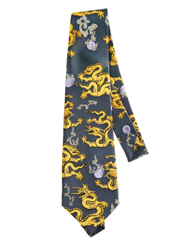 Charcoal Grey Background with Golden Dragon Pattern Tie - Image 2
