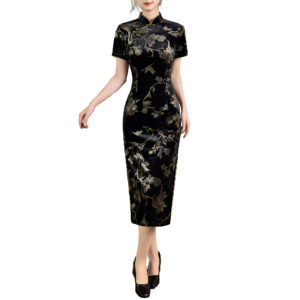 Women’s Black Velvet Qipao Dress with Hot Stamped Floral & Bird Motif in Gold