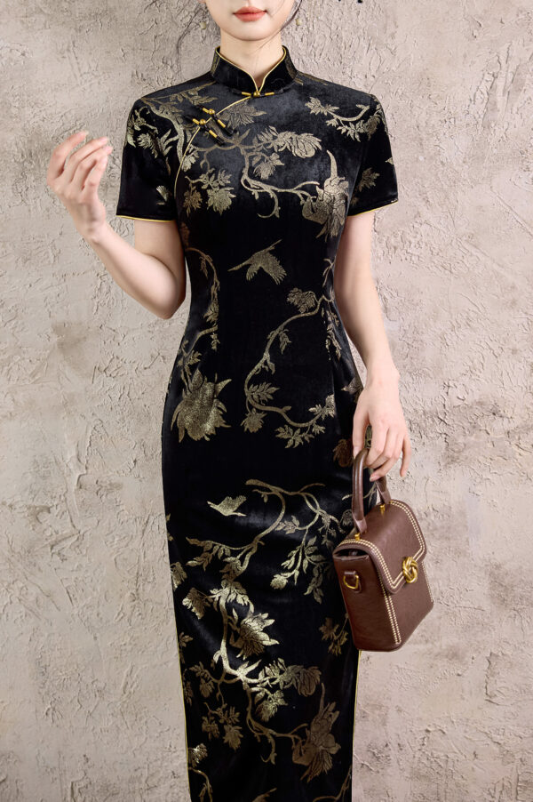 Women’s Black Velvet Qipao Dress with Hot Stamped Floral & Bird Motif in Gold - Image 2