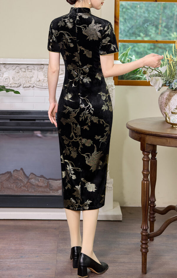 Women’s Black Velvet Qipao Dress with Hot Stamped Floral & Bird Motif in Gold - Image 6