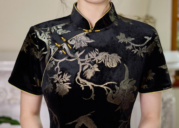Women’s Black Velvet Qipao Dress with Hot Stamped Floral & Bird Motif in Gold - Image 7