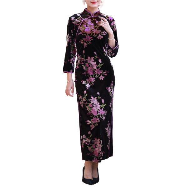 Women’s Luxury Purple Lily Print Black Velvet Cheongsam Dress