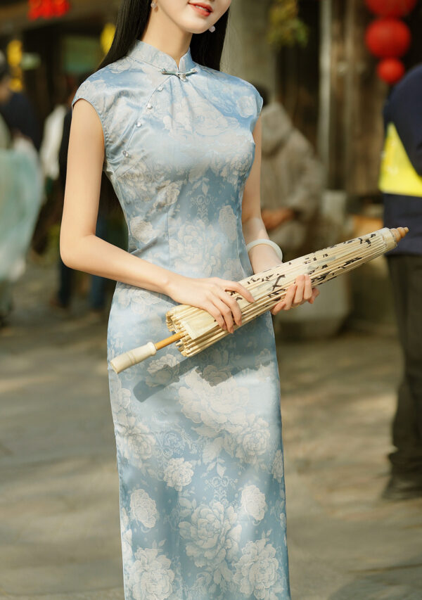 Women’s Luxurious Peony Jacquard Satin Chinese Dress - Image 4