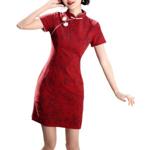 Women’s Burgundy Short Chinese Dress in Breathable Cotton/linen Blend