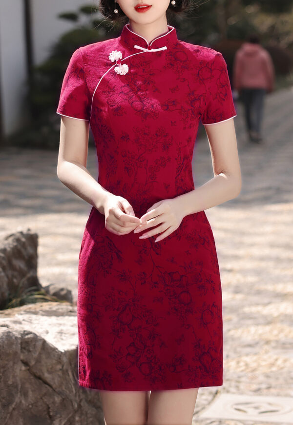 Women’s Burgundy Short Chinese Dress in Breathable Cotton/linen Blend - Image 2