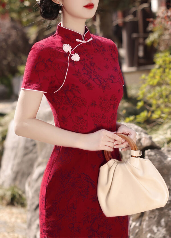 Women’s Burgundy Short Chinese Dress in Breathable Cotton/linen Blend - Image 3