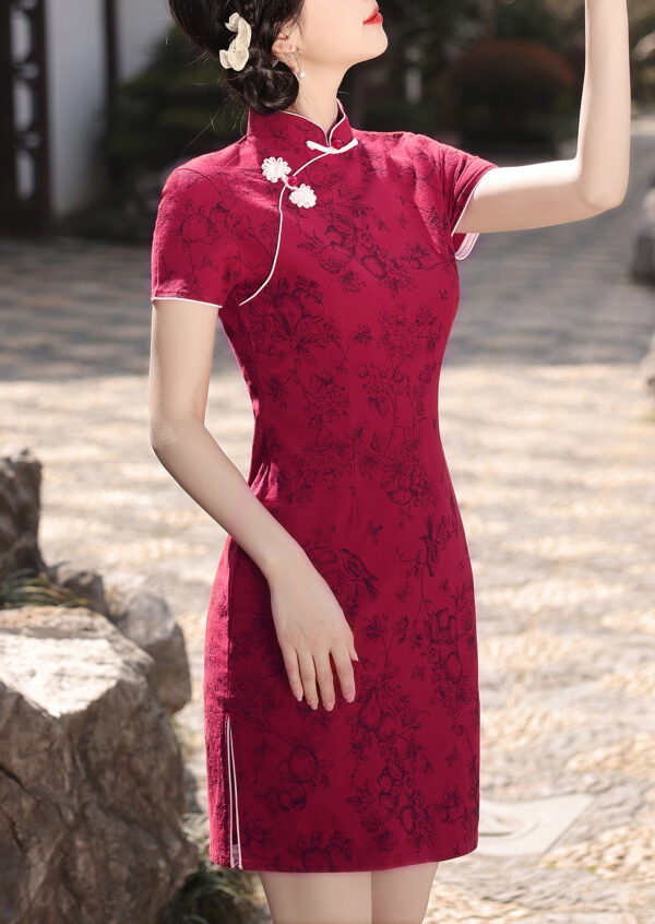 Women’s Burgundy Short Chinese Dress in Breathable Cotton/linen Blend - Image 4