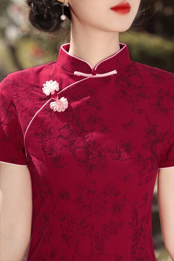 Women’s Burgundy Short Chinese Dress in Breathable Cotton/linen Blend - Image 6