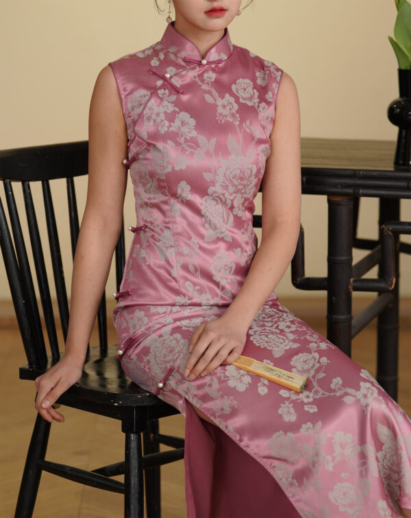 Women’s Peony Jacquard Qipao in Light Coral - Image 5