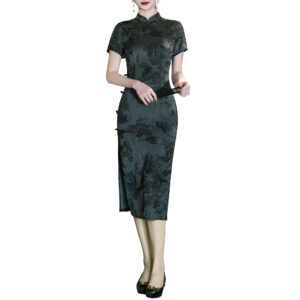 Women’s Classic Blue-Green Landscape Print Mid-length Qipao