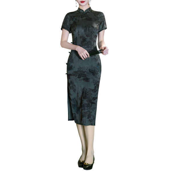 Women’s Classic Blue-Green Landscape Print Mid-length Qipao