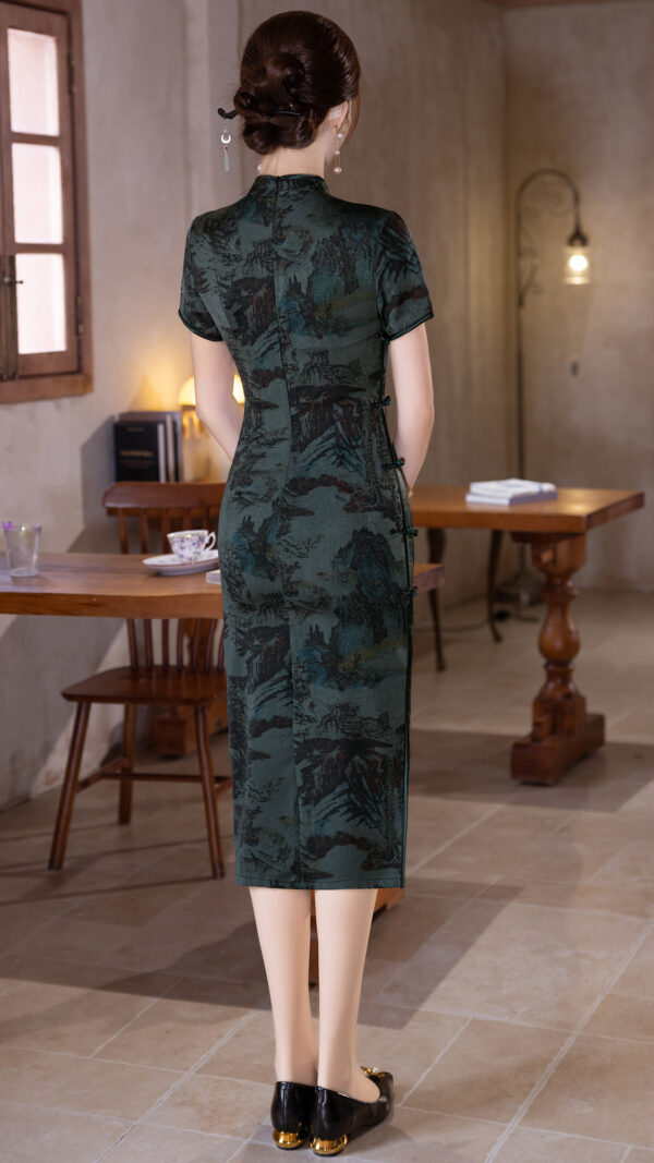 Women’s Classic Blue-Green Landscape Print Mid-length Qipao - Image 6