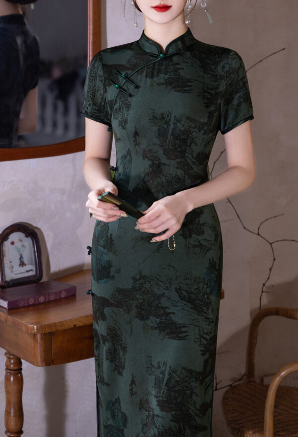 Women’s Classic Blue-Green Landscape Print Mid-length Qipao - Image 7