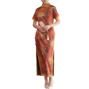 Women’s Rust Colored Jacquard Floral Qipao with Elegant Double Edging