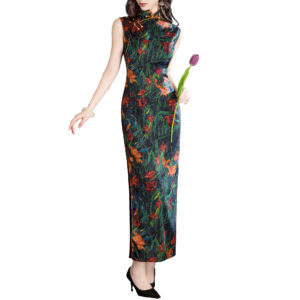 Women’s Elegant Lily Oil-Painting Print Chinese dress