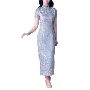Women’s Dusty Blue Qipao Satin Cheongsam with Jacquard Floral and Butterfly Motifs