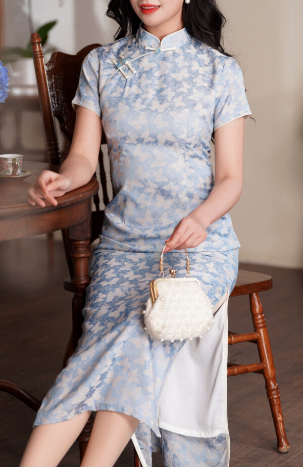 Women’s Dusty Blue Qipao Satin Cheongsam with Jacquard Floral and Butterfly Motifs - Image 5