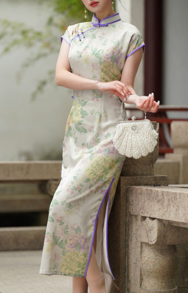 Women’s Luxury Peony Jacquard Drop Shoulder Sleeve Cheongsam - Image 6