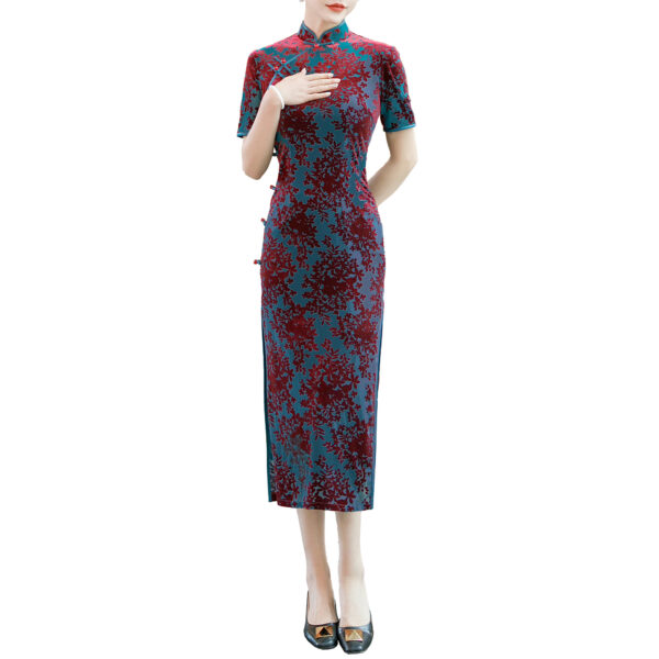 Women’s Luxury Flocked Velvet Floral Print Chinese Dress