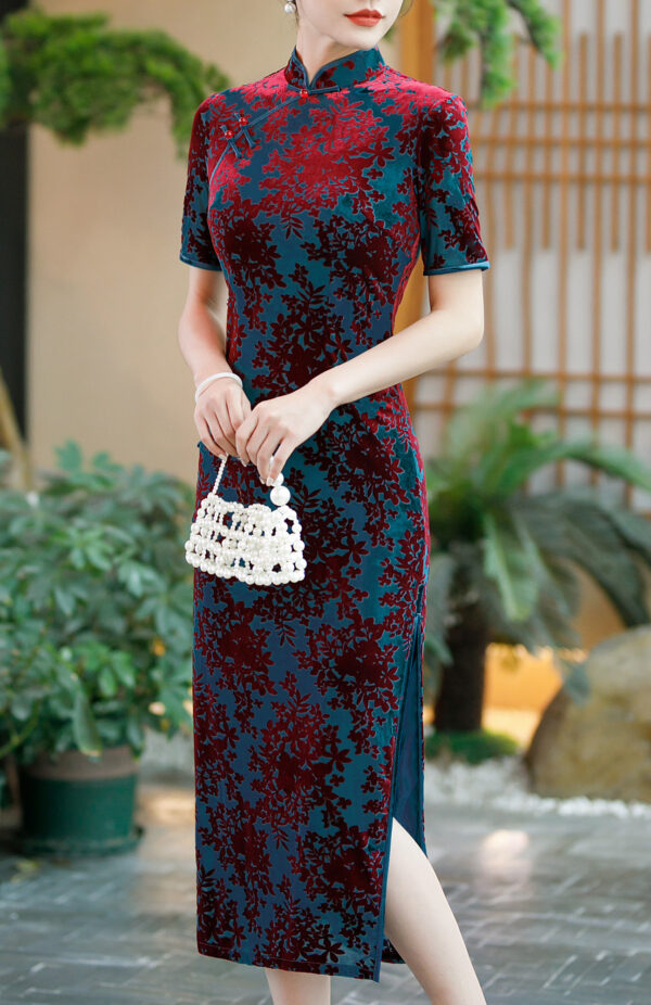Women’s Luxury Flocked Velvet Floral Print Chinese Dress - Image 2