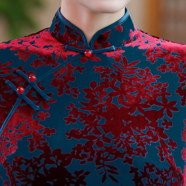 Women’s Luxury Flocked Velvet Floral Print Chinese Dress - Image 6