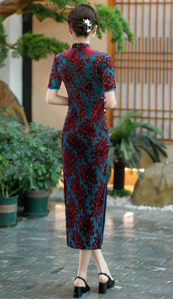 Women’s Luxury Flocked Velvet Floral Print Chinese Dress - Image 7