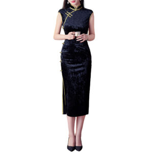 Women’s Classic Stretchy Black Velvet Midi Qipao