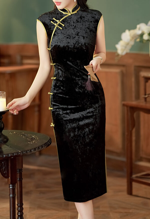 Women’s Classic Stretchy Black Velvet Midi Qipao - Image 4